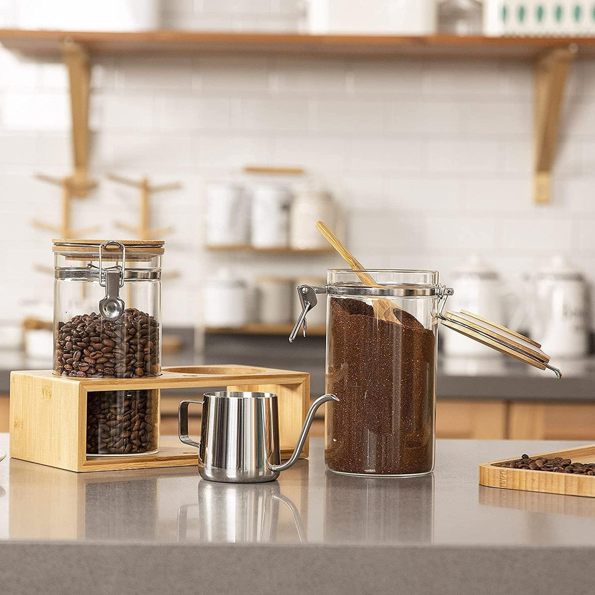 Bamboo Ground Coffee Storage Container with Shelf