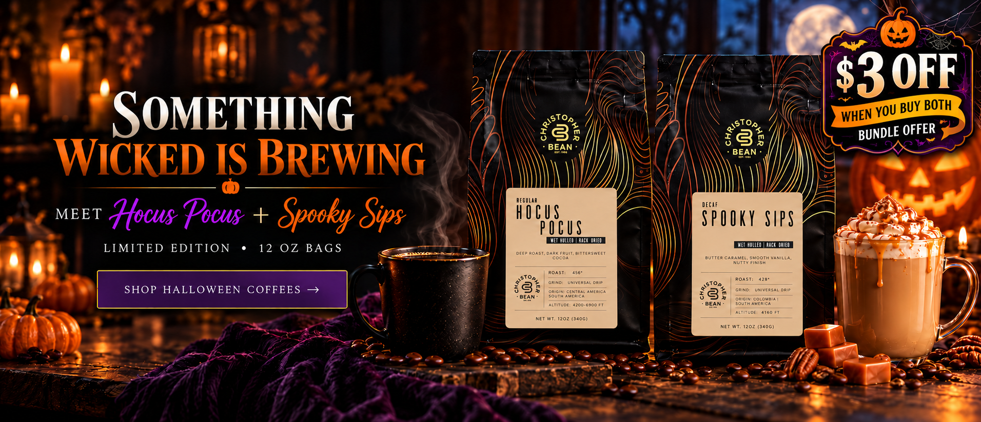 Something Wicked Is Brewing - Meet Hocus Pocus and Spooky Sips, limited edition Halloween coffees. $3 off when you buy both.